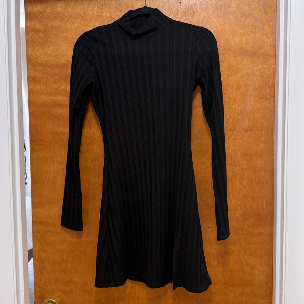 Reformation Black Ribbed Long-Sleeve Mini Dress